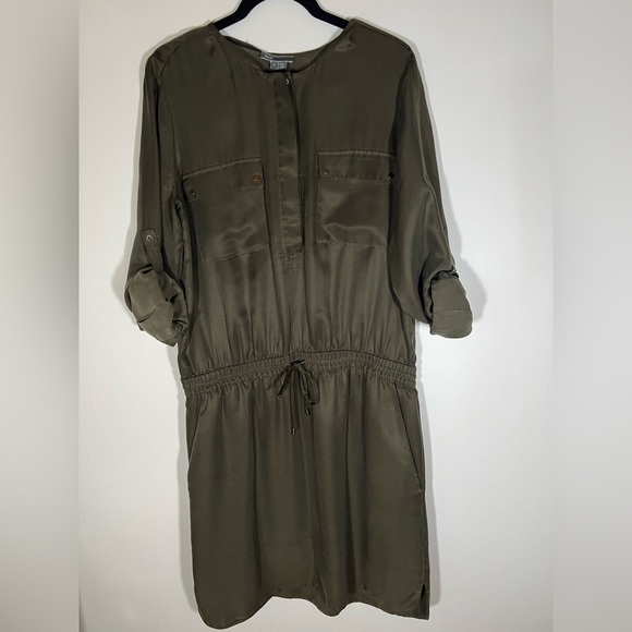 VINCE army green tab sleeve elastic waist silky shirt tunic dress szL officecore - Picture 1 of 10